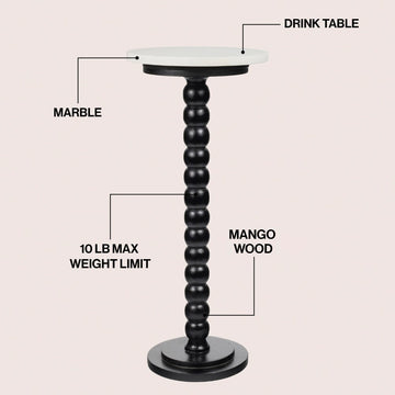 Monroe 24.25" Rustic Farmhouse Spindle Wood Drink Table and Decorative End Table with White Marble Round Top